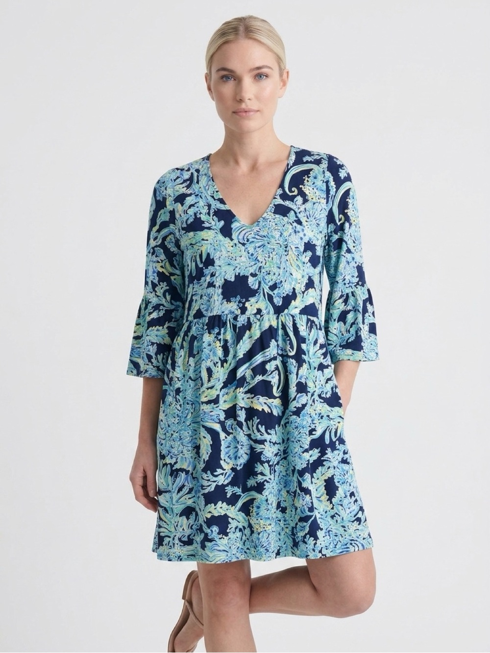 Lilly Pulitzer Navy Blue Floral Print V-Neck Dress